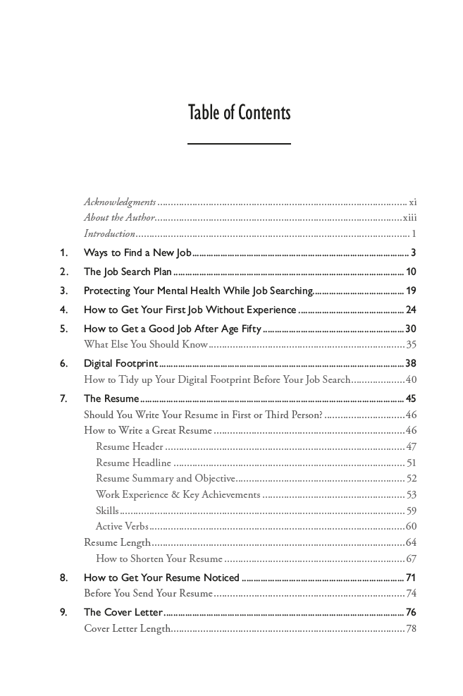 Job Search Guide Table Of Contents Page 1